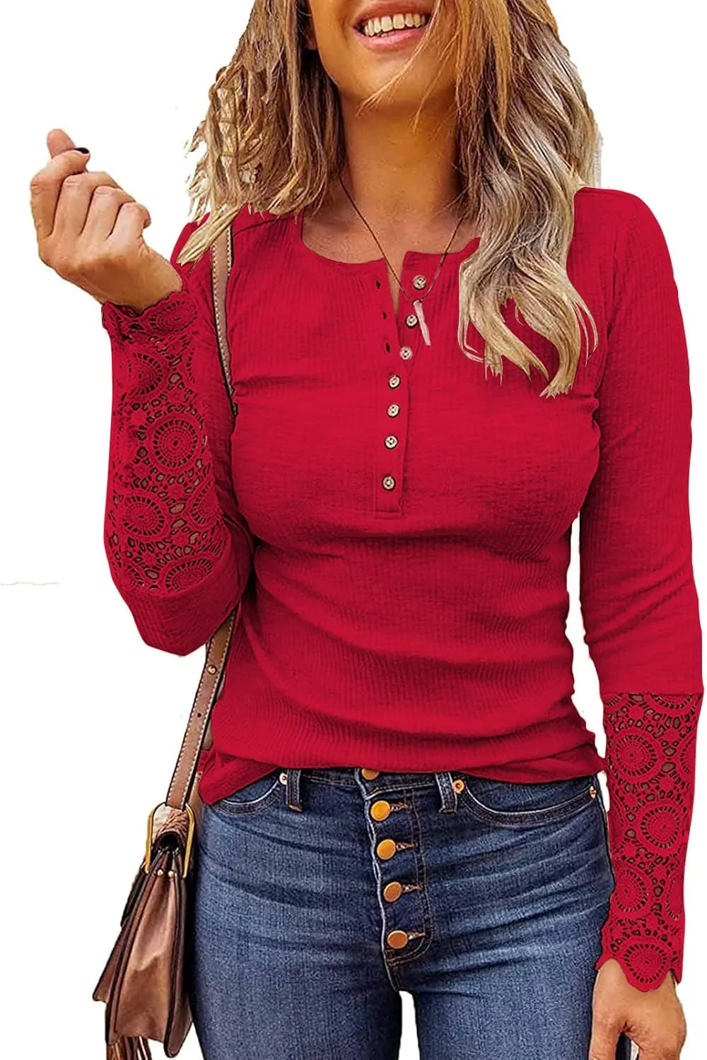 Kancystore Women's Long Sleeve Tops Lace V Neck Button Down Henley Shirts Blouses