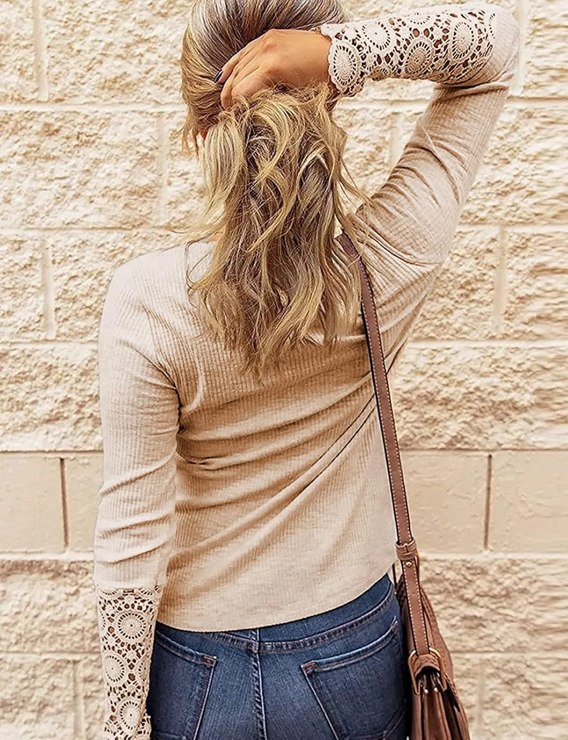 Kancystore Women's Long Sleeve Tops Lace V Neck Button Down Henley Shirts Blouses