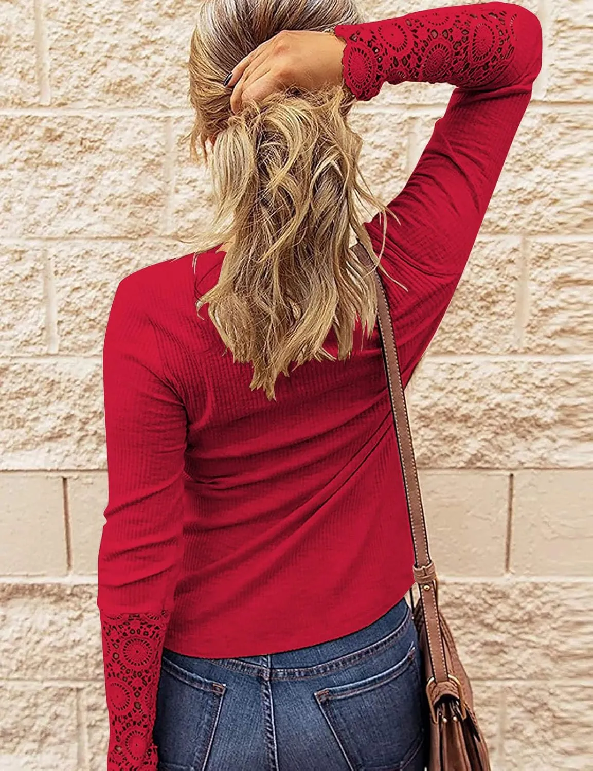 Kancystore Women's Long Sleeve Tops Lace V Neck Button Down Henley Shirts Blouses