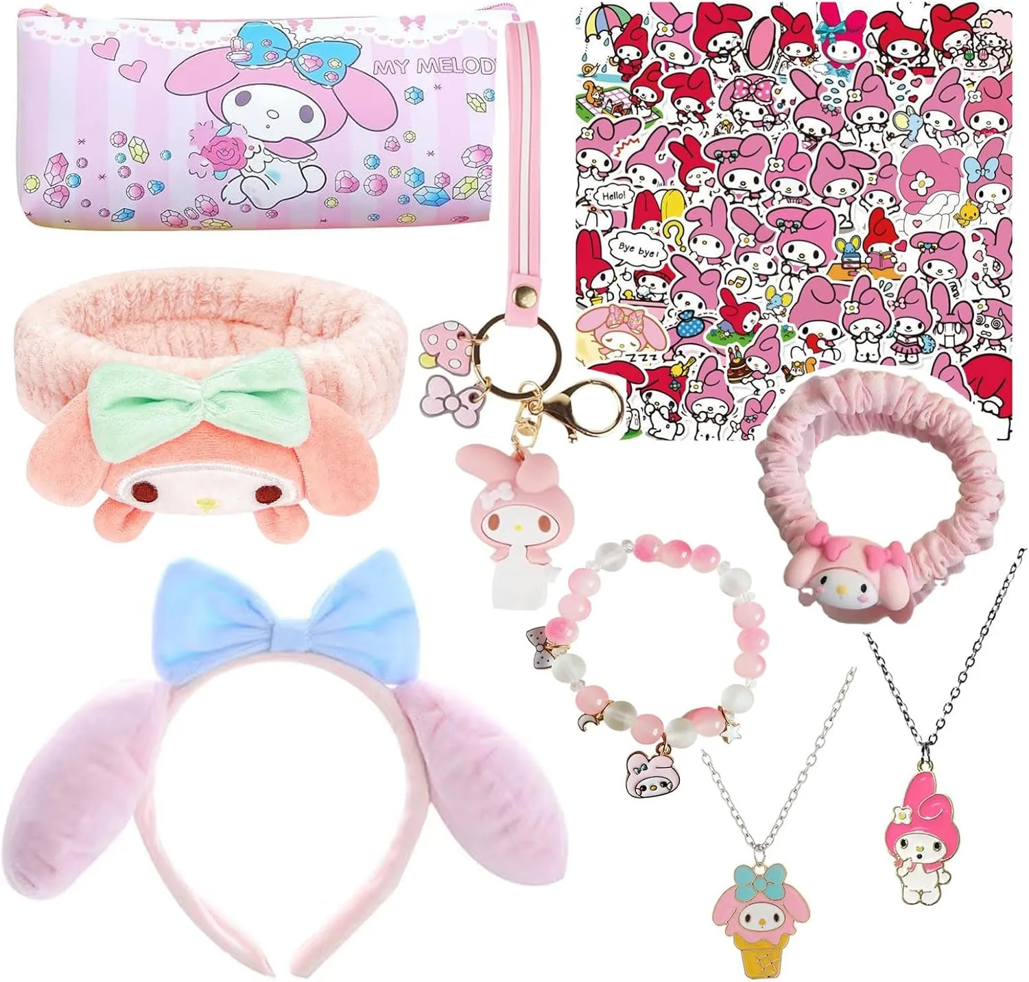 Kawaii My Melody Gift Set Cute My Melody Stuff Including Hairpin Headbands Cosmetic Pouch Necklaces Bracelets Keychain Stickers Pink