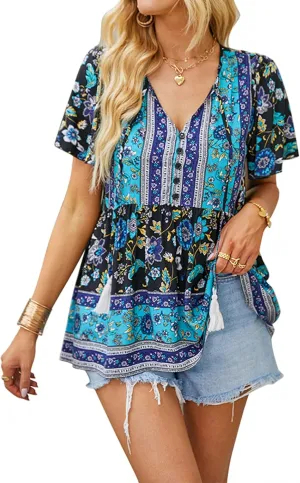 KAYWIDE Women's Floral Print V Neck Ruffle Short Sleeve Summer Shirts Tops Casual Loose Boho Blouses