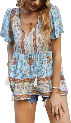 KAYWIDE Women's Floral Print V Neck Ruffle Short Sleeve Summer Shirts Tops Casual Loose Boho Blouses