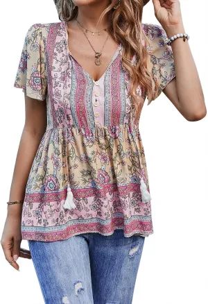 KAYWIDE Women's Floral Print V Neck Ruffle Short Sleeve Summer Shirts Tops Casual Loose Boho Blouses
