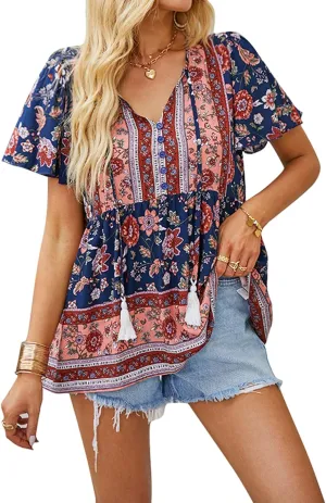 KAYWIDE Women's Floral Print V Neck Ruffle Short Sleeve Summer Shirts Tops Casual Loose Boho Blouses