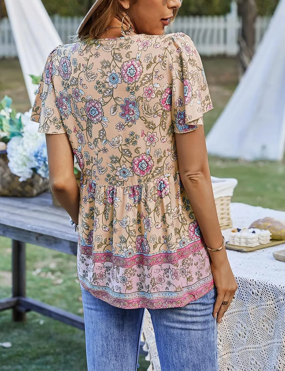 KAYWIDE Women's Floral Print V Neck Ruffle Short Sleeve Summer Shirts Tops Casual Loose Boho Blouses