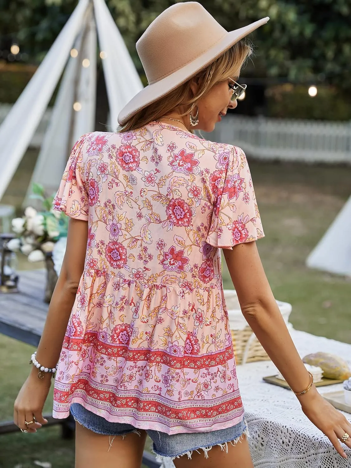 KAYWIDE Women's Floral Print V Neck Ruffle Short Sleeve Summer Shirts Tops Casual Loose Boho Blouses