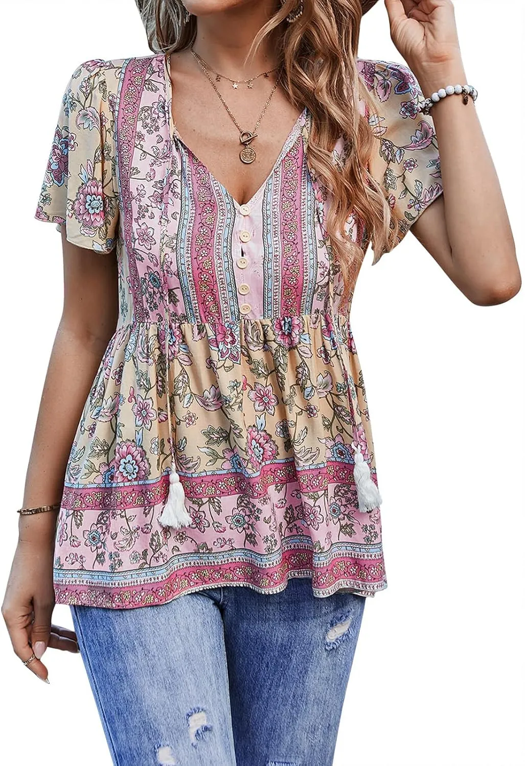 KAYWIDE Women's Floral Print V Neck Ruffle Short Sleeve Summer Shirts Tops Casual Loose Boho Blouses