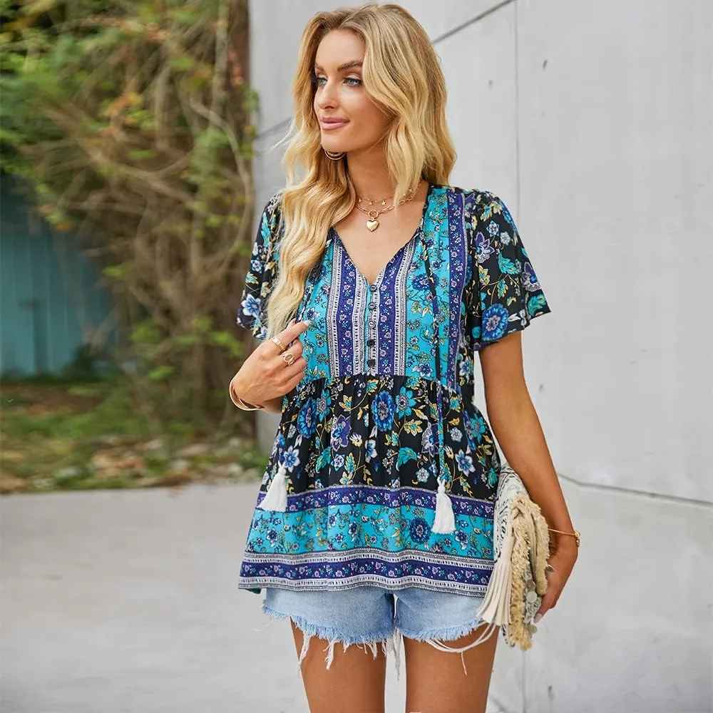 KAYWIDE Women's Floral Print V Neck Ruffle Short Sleeve Summer Shirts Tops Casual Loose Boho Blouses