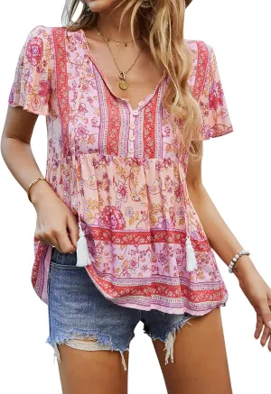KAYWIDE Women's Floral Print V Neck Ruffle Short Sleeve Summer Shirts Tops Casual Loose Boho Blouses