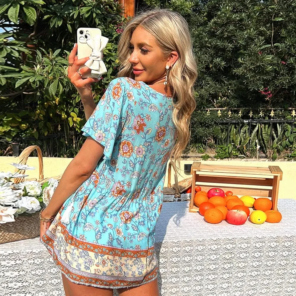 KAYWIDE Women's Floral Print V Neck Ruffle Short Sleeve Summer Shirts Tops Casual Loose Boho Blouses