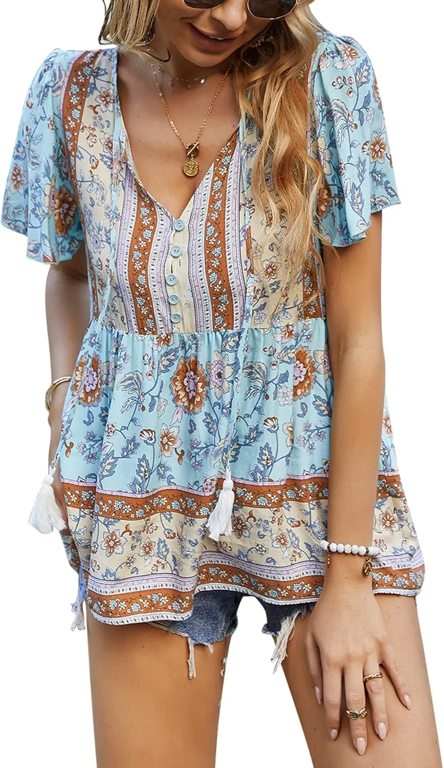 KAYWIDE Women's Floral Print V Neck Ruffle Short Sleeve Summer Shirts Tops Casual Loose Boho Blouses