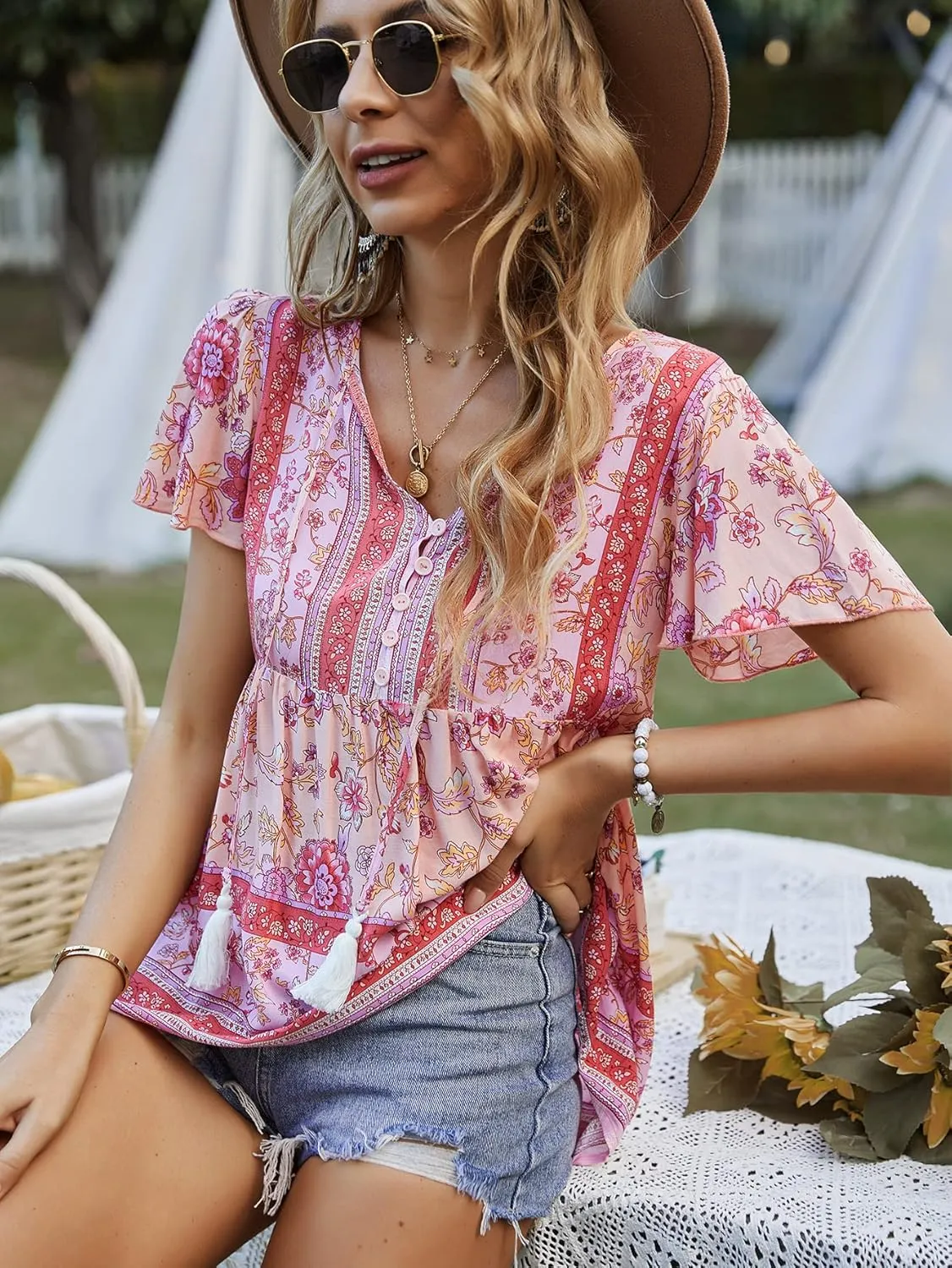 KAYWIDE Women's Floral Print V Neck Ruffle Short Sleeve Summer Shirts Tops Casual Loose Boho Blouses