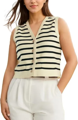 Kedera Women's Sleeveless Knit Striped Sweater Vest Tank Tops Summer Slim V Neck Trendy Pullover