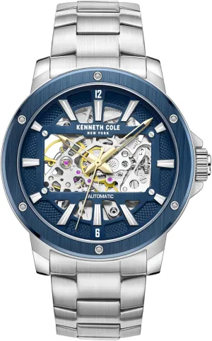 Kenneth Cole New York Men's Watch - Luxury, Stainless Steel, Automatic Self-Winding, Water-Resistant, Partial Arabic Numerals, Sleek Design Analog Watch with Skeleton Dial for Men