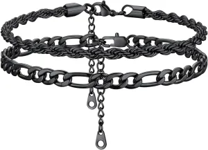 KeyStyle Ankle Bracelets Set for Women, 14k Gold Plated Anklets Stainless Steel Rope Figaro Cuban Snake Wheat Chain Layered Anklet Pack Summer Jewelry(2PCS, 3PCS)