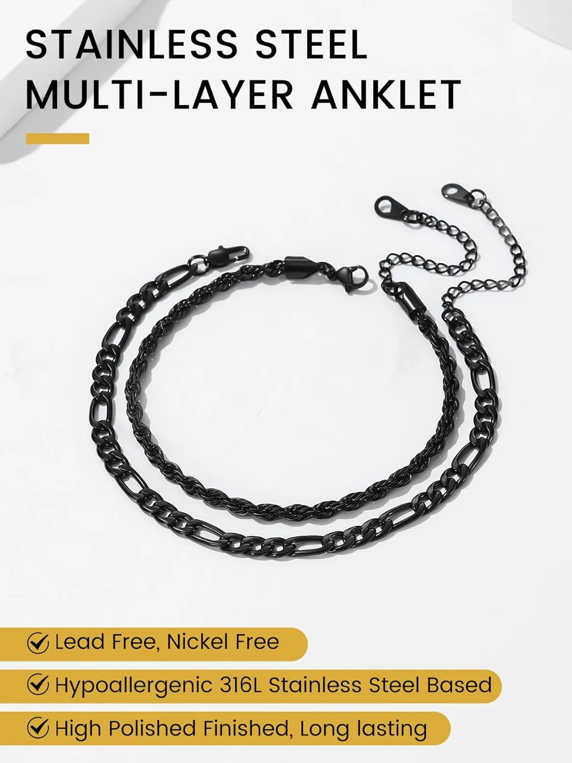 KeyStyle Ankle Bracelets Set for Women, 14k Gold Plated Anklets Stainless Steel Rope Figaro Cuban Snake Wheat Chain Layered Anklet Pack Summer Jewelry(2PCS, 3PCS)