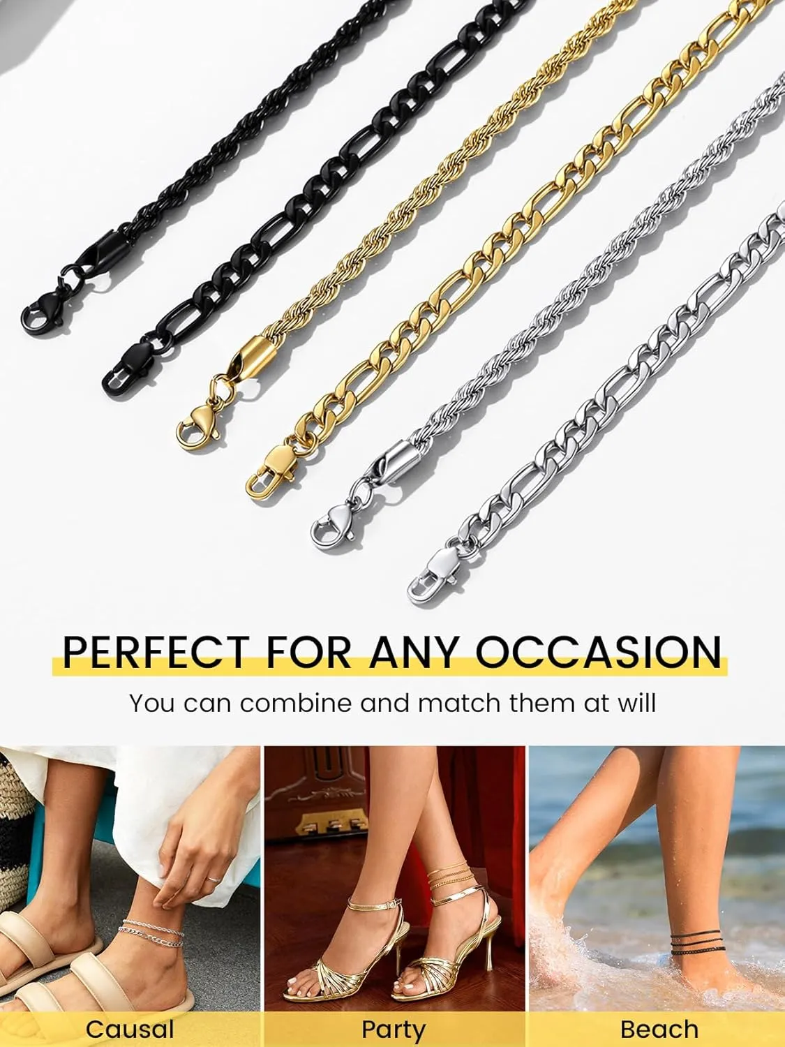 KeyStyle Ankle Bracelets Set for Women, 14k Gold Plated Anklets Stainless Steel Rope Figaro Cuban Snake Wheat Chain Layered Anklet Pack Summer Jewelry(2PCS, 3PCS)
