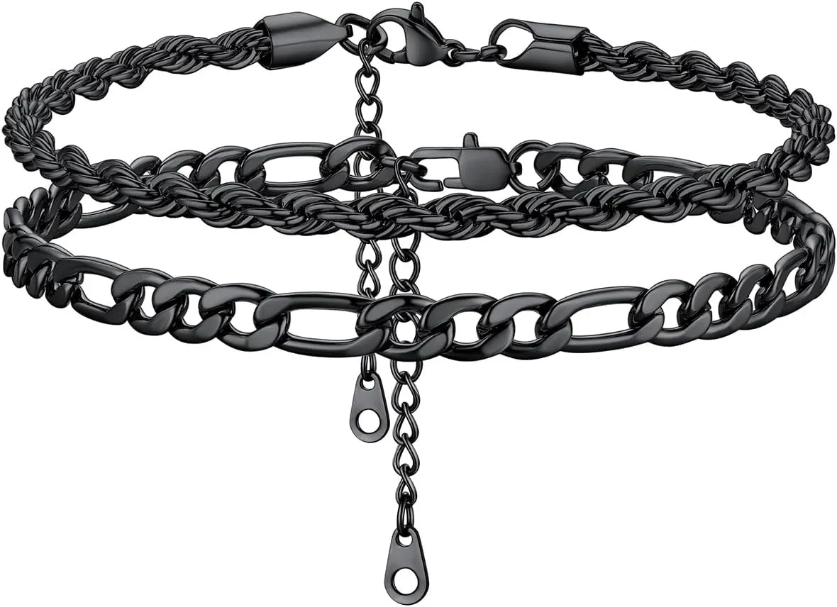 KeyStyle Ankle Bracelets Set for Women, 14k Gold Plated Anklets Stainless Steel Rope Figaro Cuban Snake Wheat Chain Layered Anklet Pack Summer Jewelry(2PCS, 3PCS)