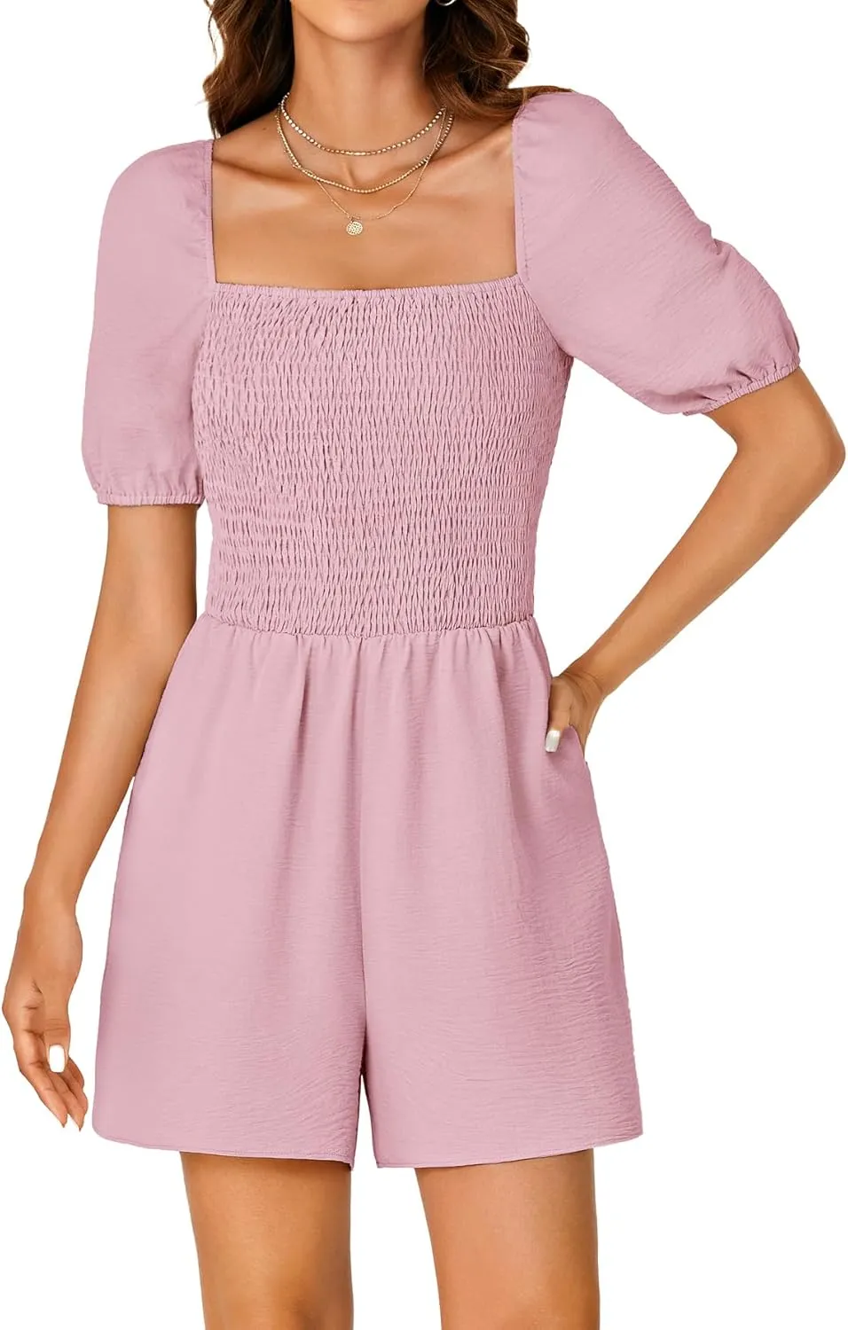 KIFOVEN Womens Dressy Romper Puff Short Sleeve Smocked Summer Short Jumpsuit Romper Vacation Outfit with Pockets