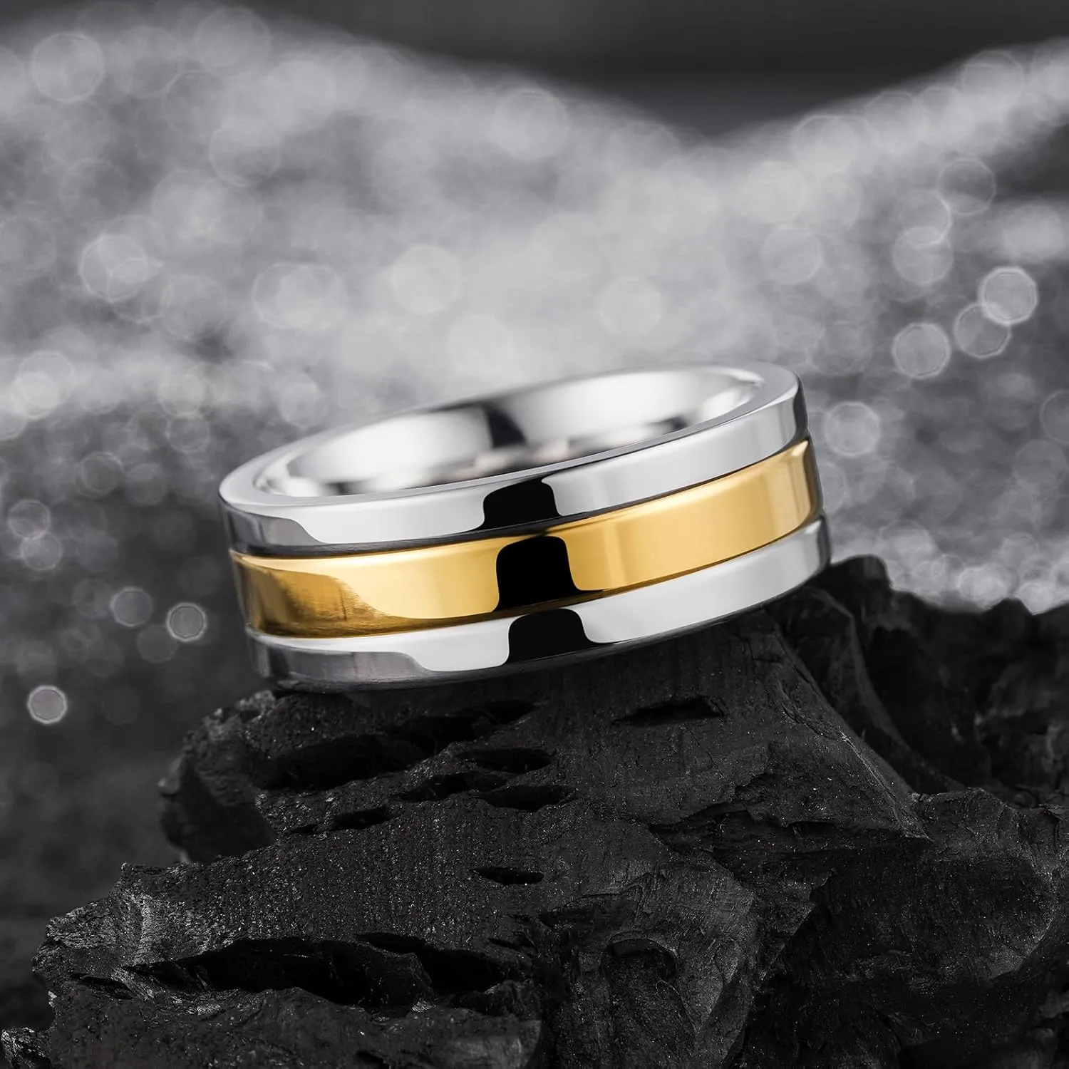 King Will 316L Stainless Steel Men's Wedding Band ??6/8 mm Dual-Tone Wedding Ring Polished Finish with Gold/Black Steel Plating, Fashionable and Durable Stainless Steel Men's Ring Size 7-14
