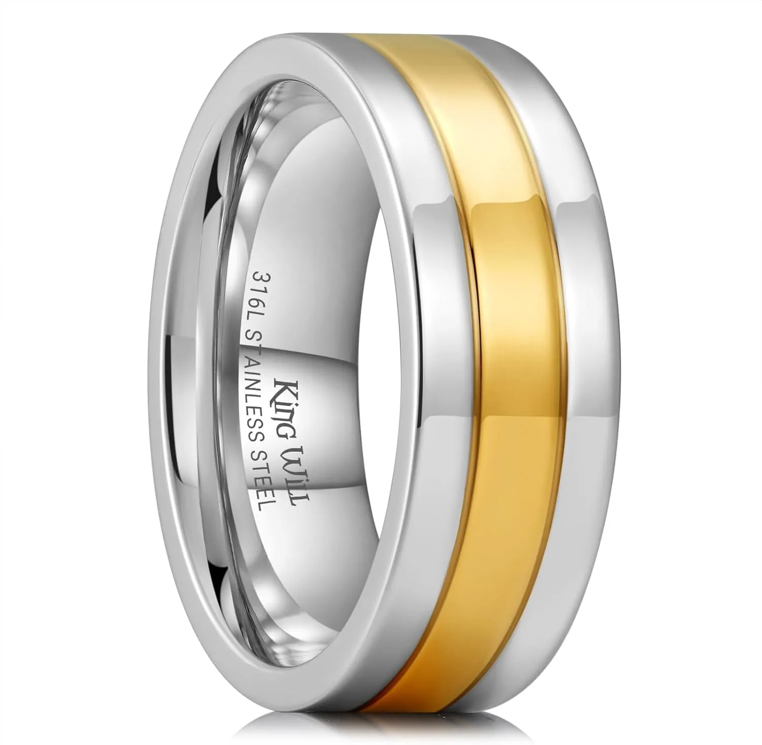 King Will 316L Stainless Steel Men's Wedding Band ??6/8 mm Dual-Tone Wedding Ring Polished Finish with Gold/Black Steel Plating, Fashionable and Durable Stainless Steel Men's Ring Size 7-14
