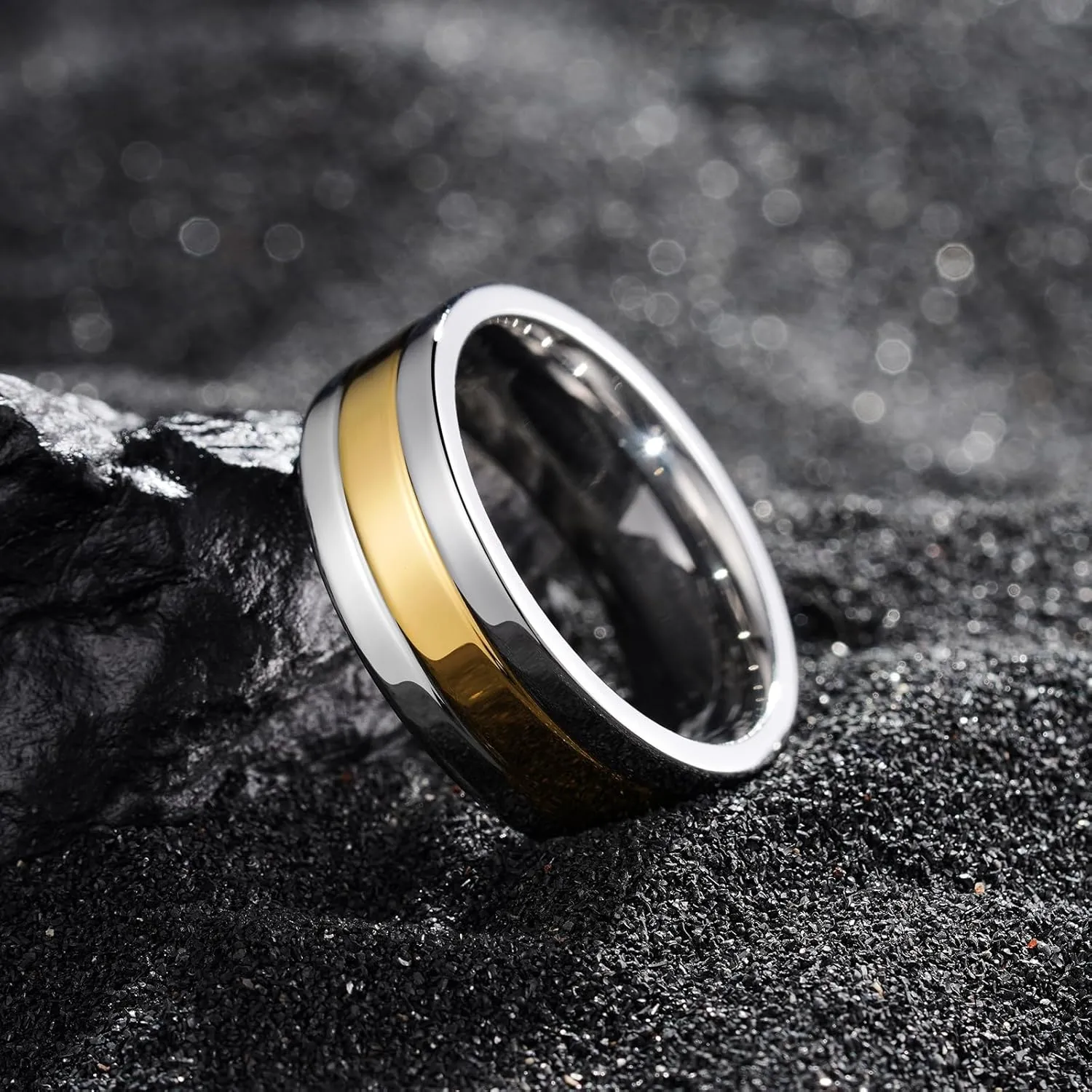 King Will 316L Stainless Steel Men's Wedding Band ??6/8 mm Dual-Tone Wedding Ring Polished Finish with Gold/Black Steel Plating, Fashionable and Durable Stainless Steel Men's Ring Size 7-14