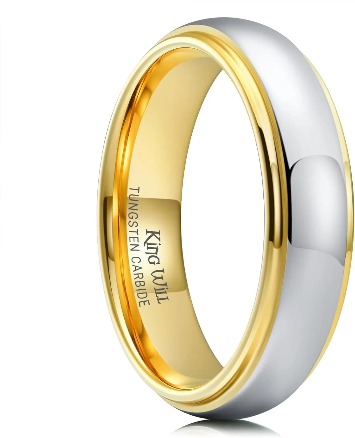 King Will 6mm Tungsten Ring for Men Women Gold/Rose Gold Silver Two-Tone Wedding Band - Engagement Ring for Couples, Domed Polished Finish, Step Edge, Comfort Fit, Size 7-12, Jewelry Box Included