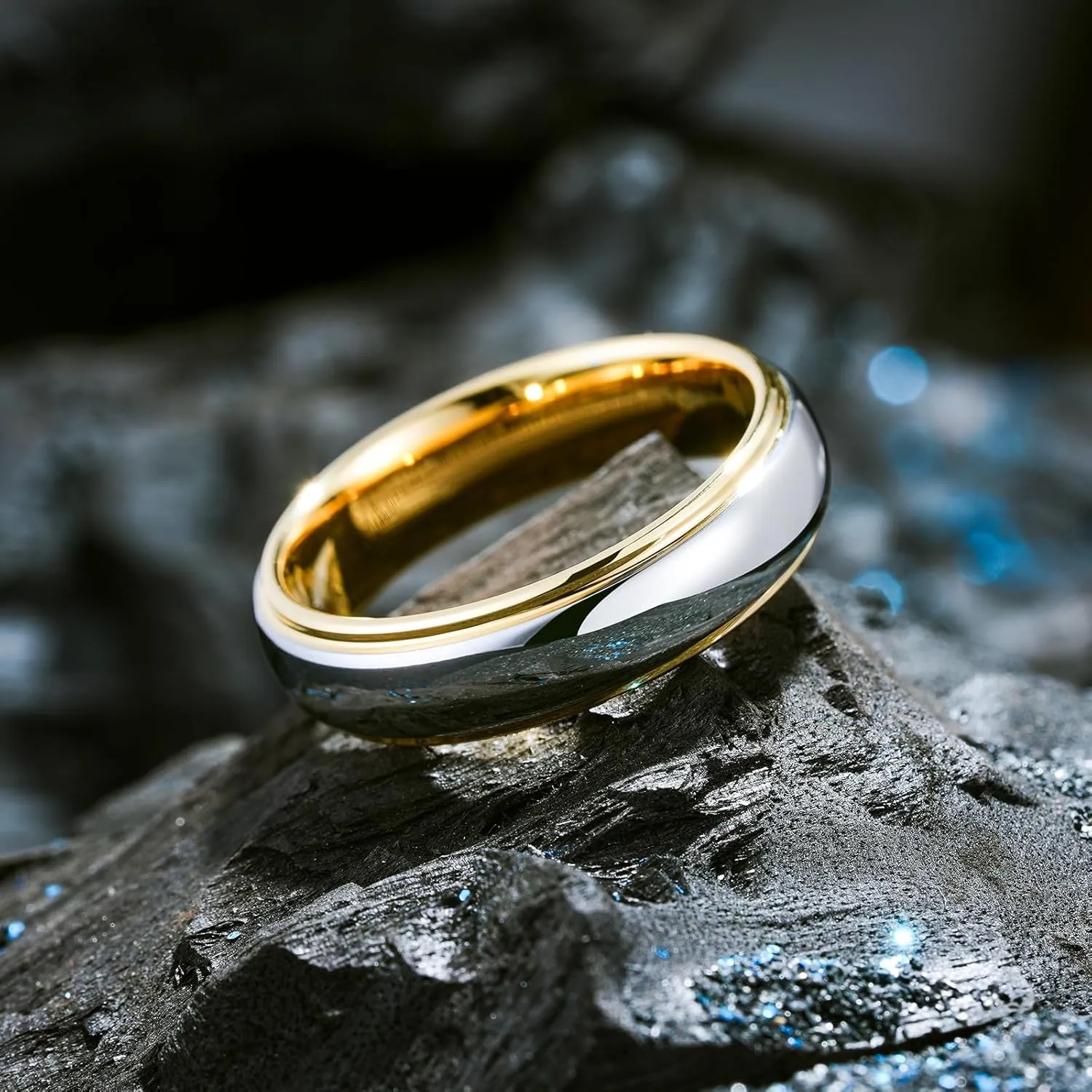 King Will 6mm Tungsten Ring for Men Women Gold/Rose Gold Silver Two-Tone Wedding Band - Engagement Ring for Couples, Domed Polished Finish, Step Edge, Comfort Fit, Size 7-12, Jewelry Box Included