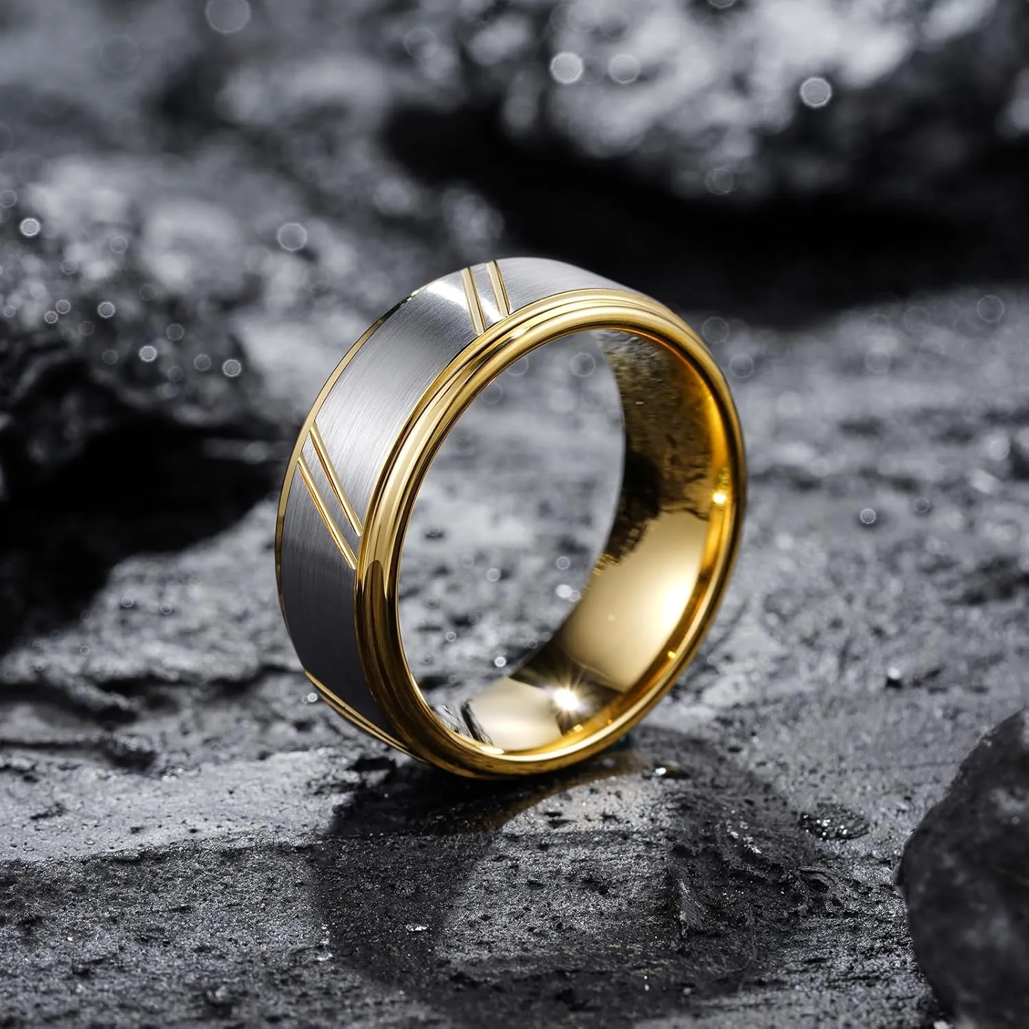 King Will Men's Tungsten Carbide Wedding Band, 7mm 8mm Men Wedding Ring Dual Tone Brushed/High Polished with Unique Grooves Laser - Comfort Fit Size 7-14