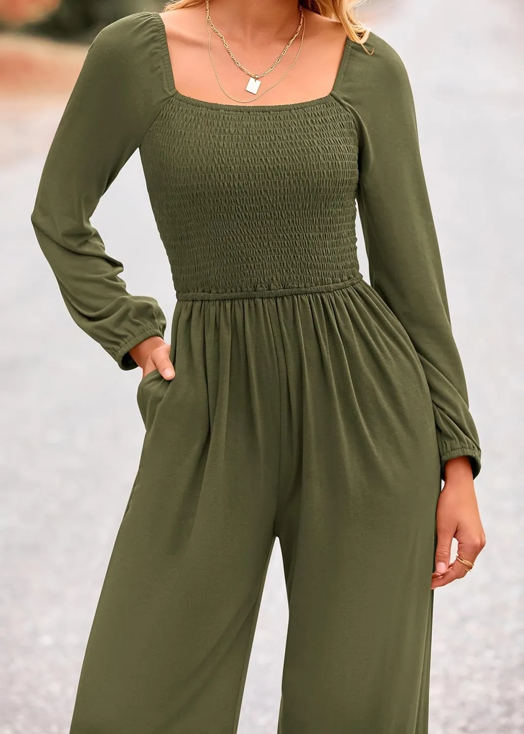 KIRUNDO Women 2025 Spring Fashion Long Sleeve Jumpsuits Casual Dressy One Piece Loose Smocked Wide Leg Pants Romper Pockets