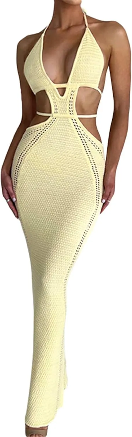 KMBANGI Women Bodycon Strappy Long Dress Sleeveless Knitted Sexy Tie Up Backless Maxi Dress Halter Open Back Beach Dress
