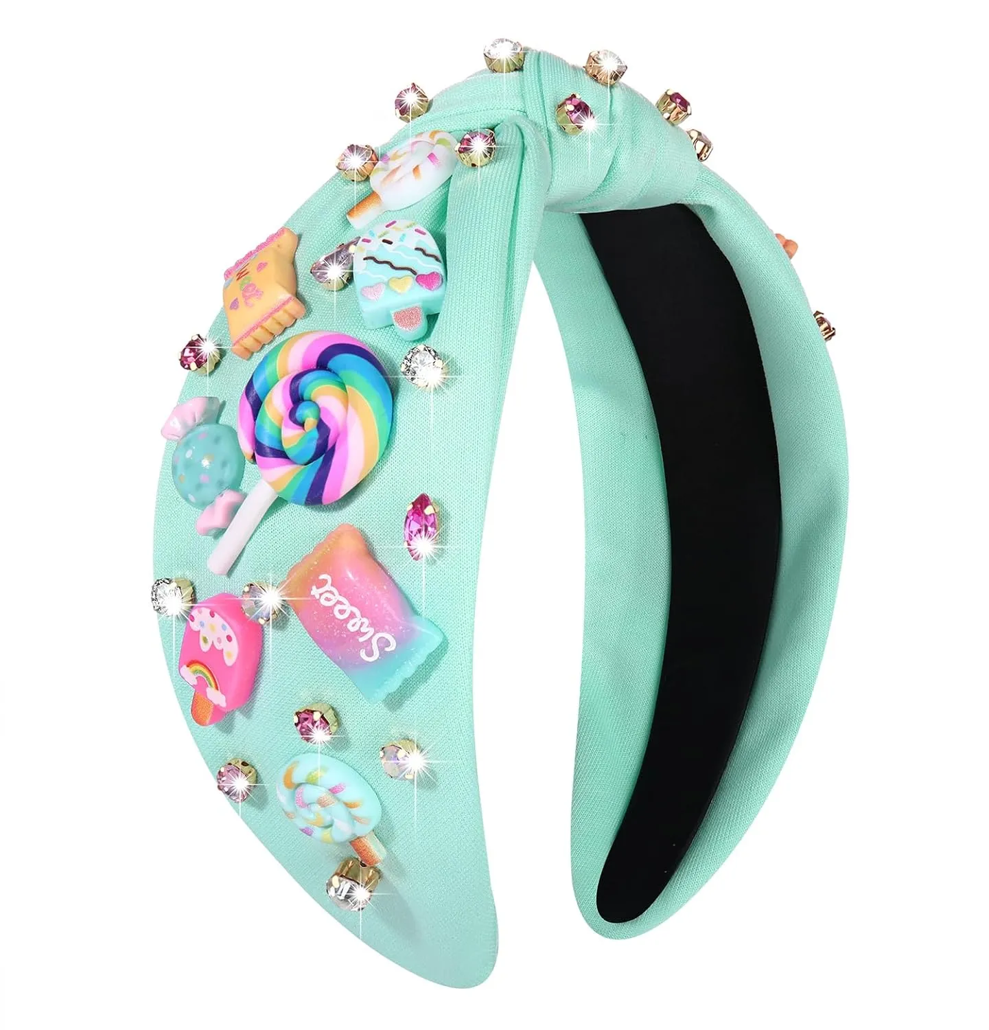 Knotted Headband for Women Lollipop Candy Charms Crystal Jeweled Embellished Top Knot Hairband Statement Wide Turban Hair Hoop Funny Gifts for Girls Sister Birthday Xmas Holiday Party