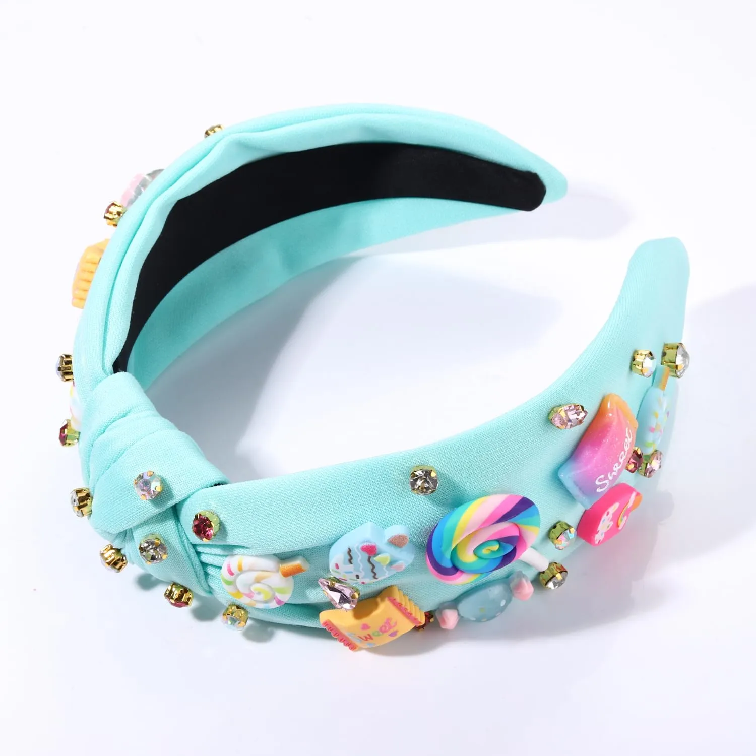 Knotted Headband for Women Lollipop Candy Charms Crystal Jeweled Embellished Top Knot Hairband Statement Wide Turban Hair Hoop Funny Gifts for Girls Sister Birthday Xmas Holiday Party