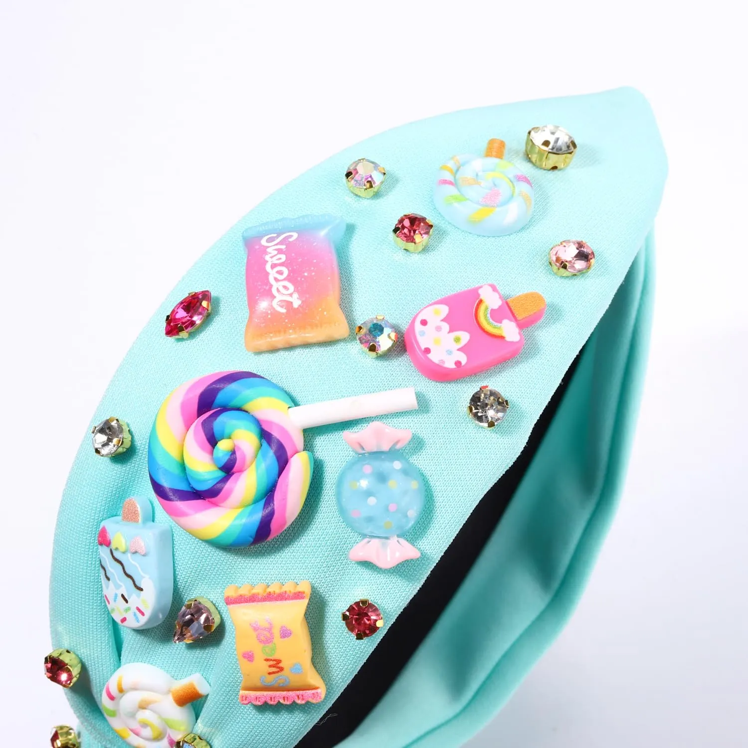 Knotted Headband for Women Lollipop Candy Charms Crystal Jeweled Embellished Top Knot Hairband Statement Wide Turban Hair Hoop Funny Gifts for Girls Sister Birthday Xmas Holiday Party