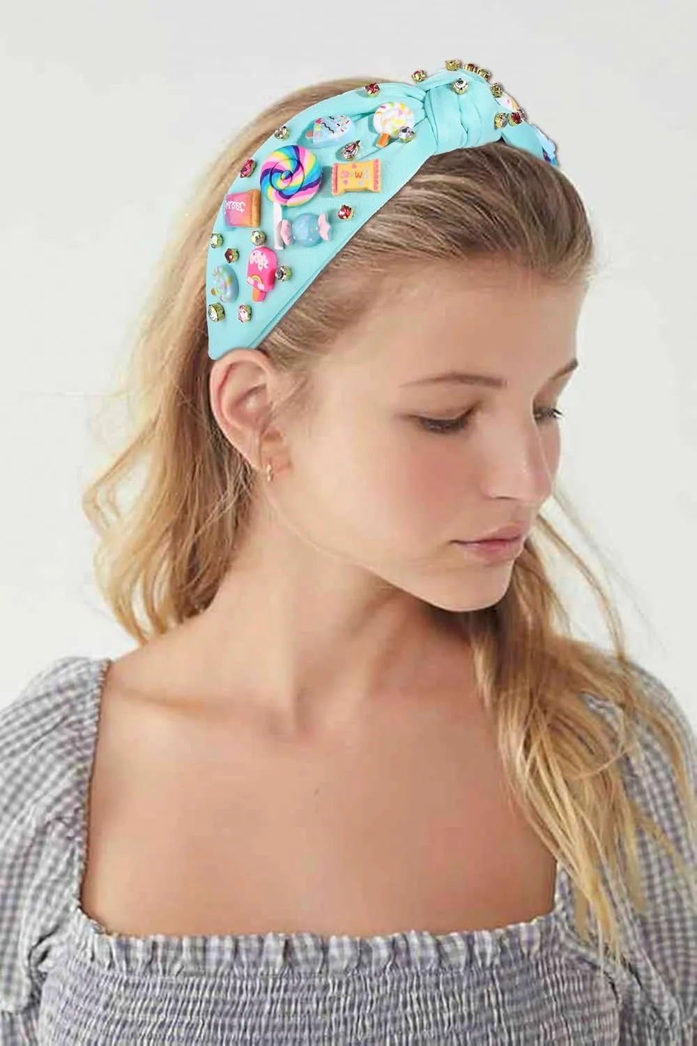 Knotted Headband for Women Lollipop Candy Charms Crystal Jeweled Embellished Top Knot Hairband Statement Wide Turban Hair Hoop Funny Gifts for Girls Sister Birthday Xmas Holiday Party