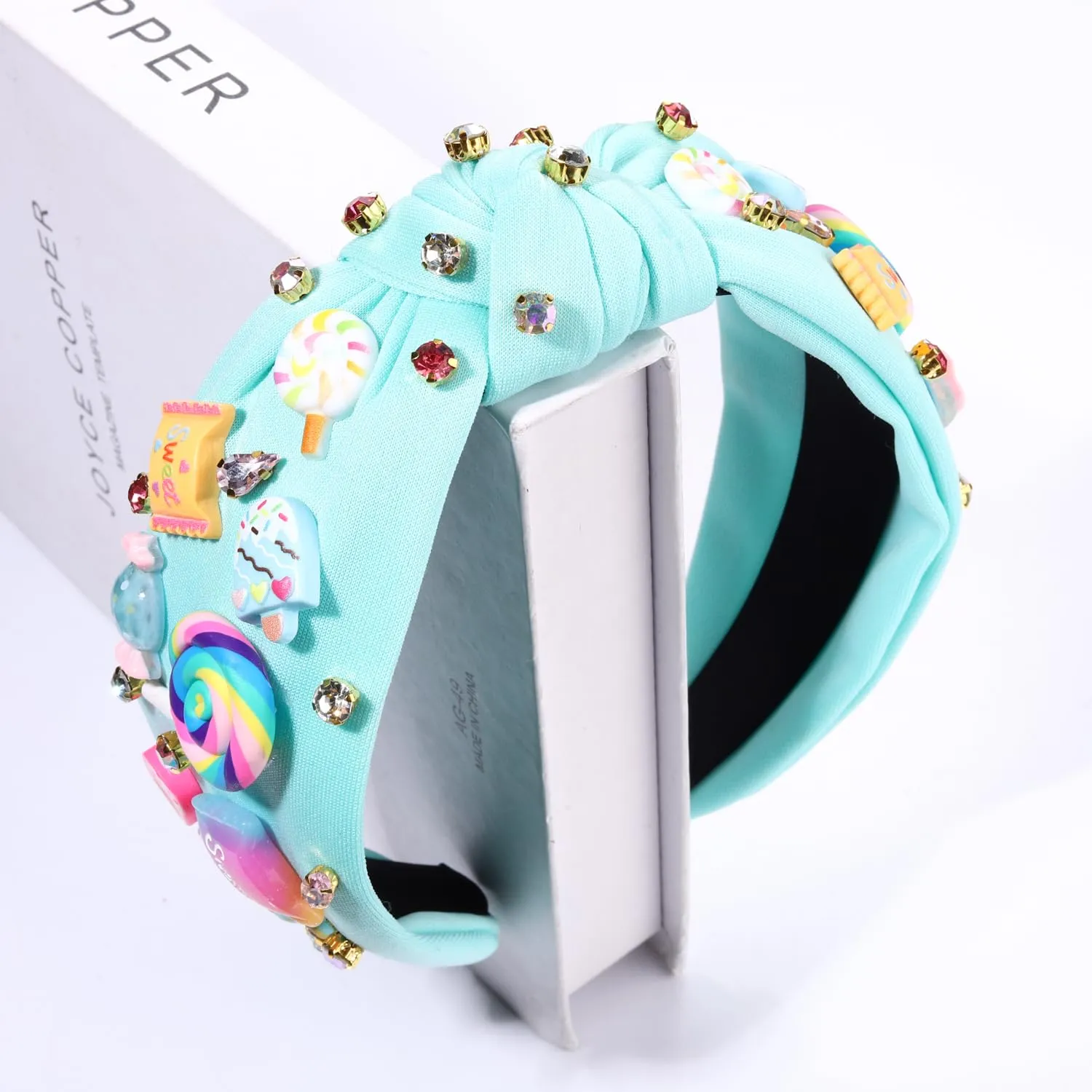 Knotted Headband for Women Lollipop Candy Charms Crystal Jeweled Embellished Top Knot Hairband Statement Wide Turban Hair Hoop Funny Gifts for Girls Sister Birthday Xmas Holiday Party