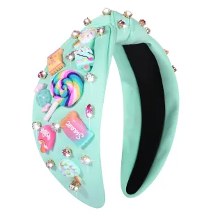 Knotted Headband for Women Lollipop Candy Charms Crystal Jeweled Embellished Top Knot Hairband Statement Wide Turban Hair Hoop Funny Gifts for Girls Sister Birthday Xmas Holiday Party