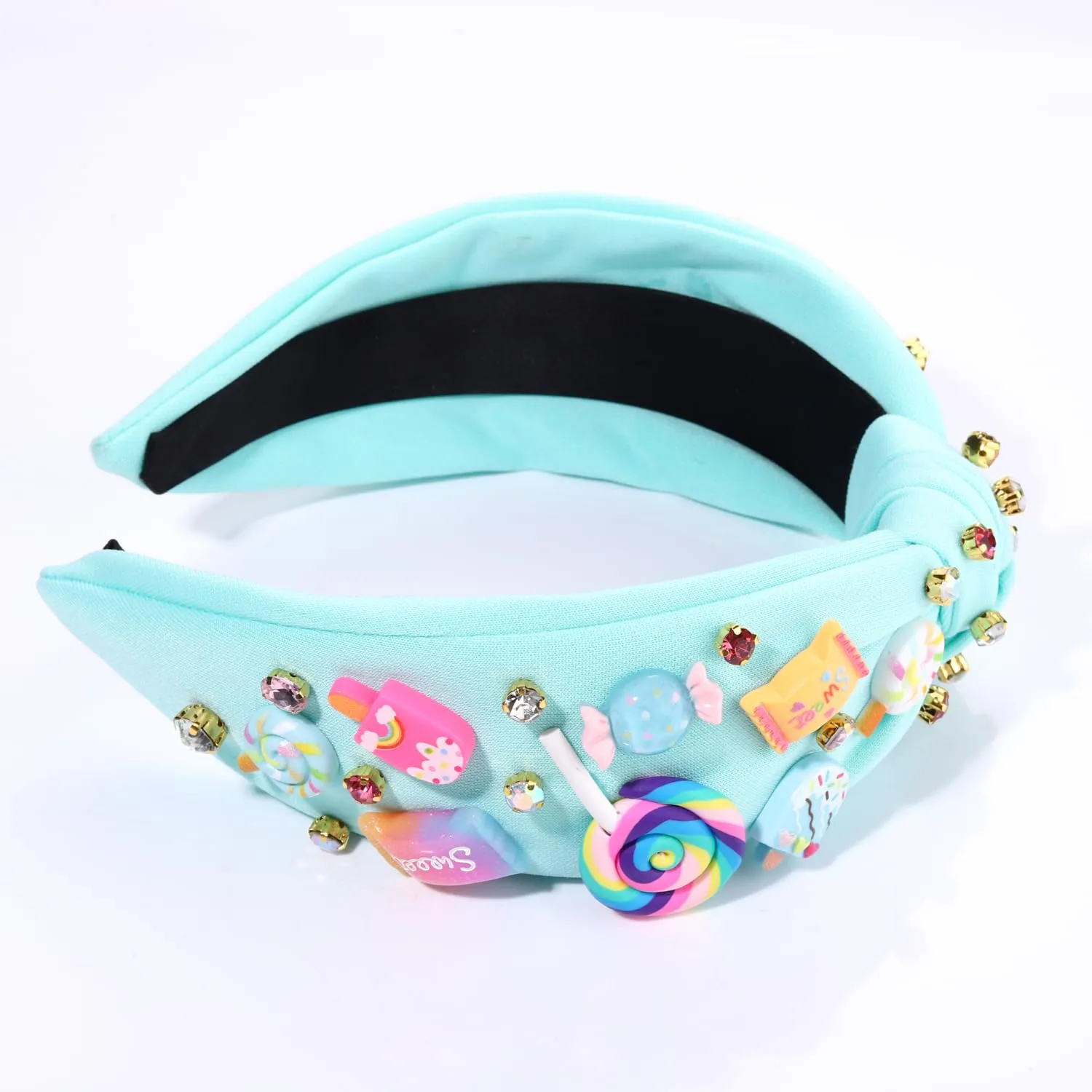 Knotted Headband for Women Lollipop Candy Charms Crystal Jeweled Embellished Top Knot Hairband Statement Wide Turban Hair Hoop Funny Gifts for Girls Sister Birthday Xmas Holiday Party