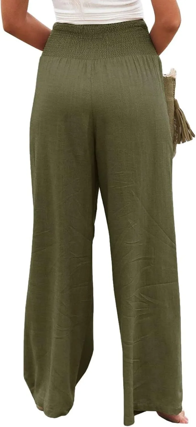 Kubbon Cotton Linen Pants for Women High Waist Smocked Palazzo Pants Casual Wide Leg Lounge Pant Beach Travel Trousers