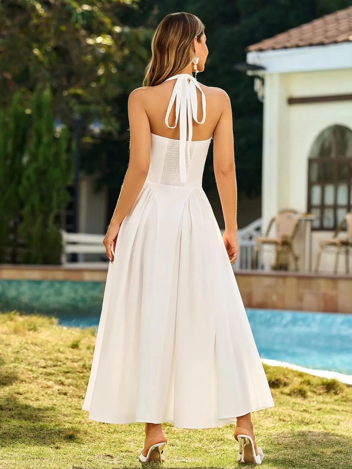 KUTUMAI Summer Floral Corset Midi Dress Halter Smocked Sundress Flowy A Line Beach Wedding Guest Dresses for Women 2025
