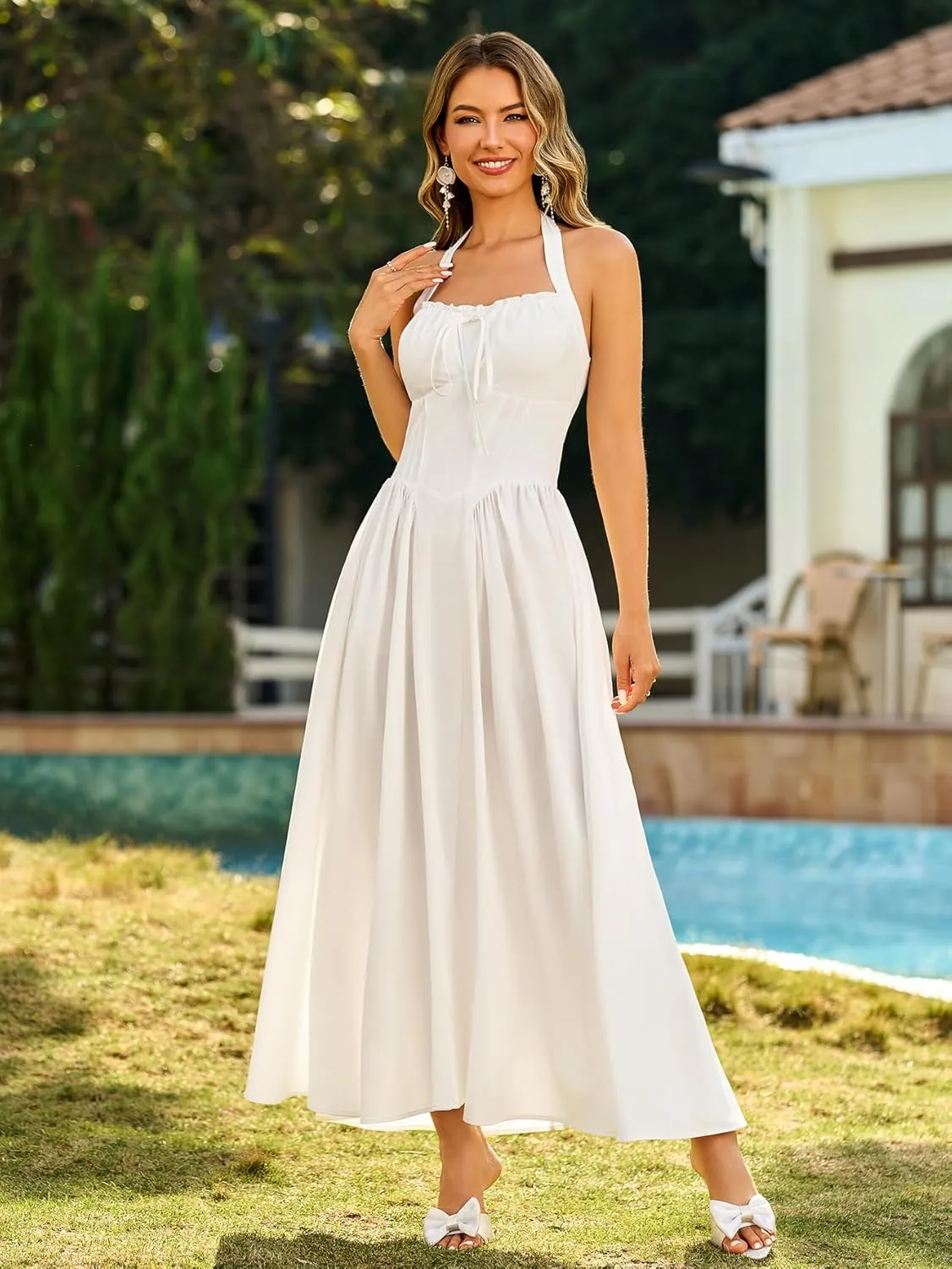 KUTUMAI Summer Floral Corset Midi Dress Halter Smocked Sundress Flowy A Line Beach Wedding Guest Dresses for Women 2025