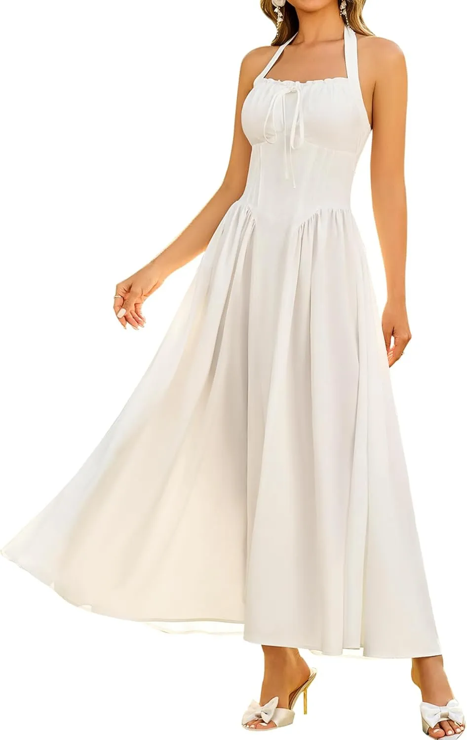 KUTUMAI Summer Floral Corset Midi Dress Halter Smocked Sundress Flowy A Line Beach Wedding Guest Dresses for Women 2025