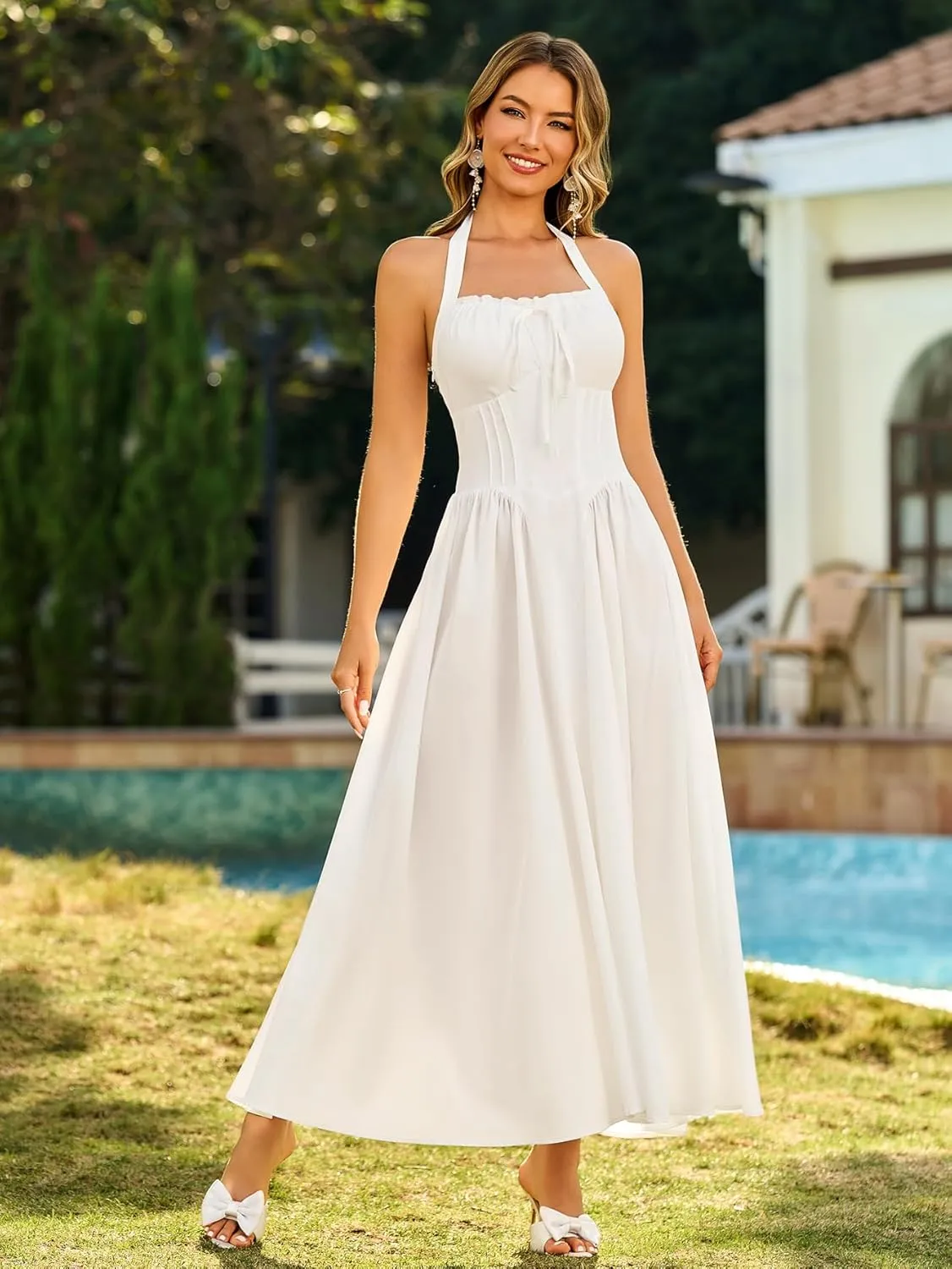 KUTUMAI Summer Floral Corset Midi Dress Halter Smocked Sundress Flowy A Line Beach Wedding Guest Dresses for Women 2025