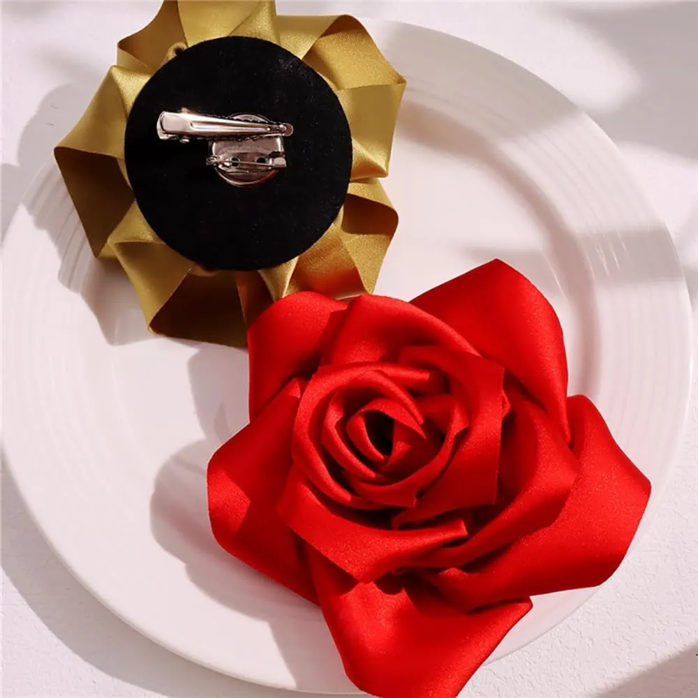 Large Dainty Satin Fabric Rose Flower Brooch Pins Hairpin for Women,ladies