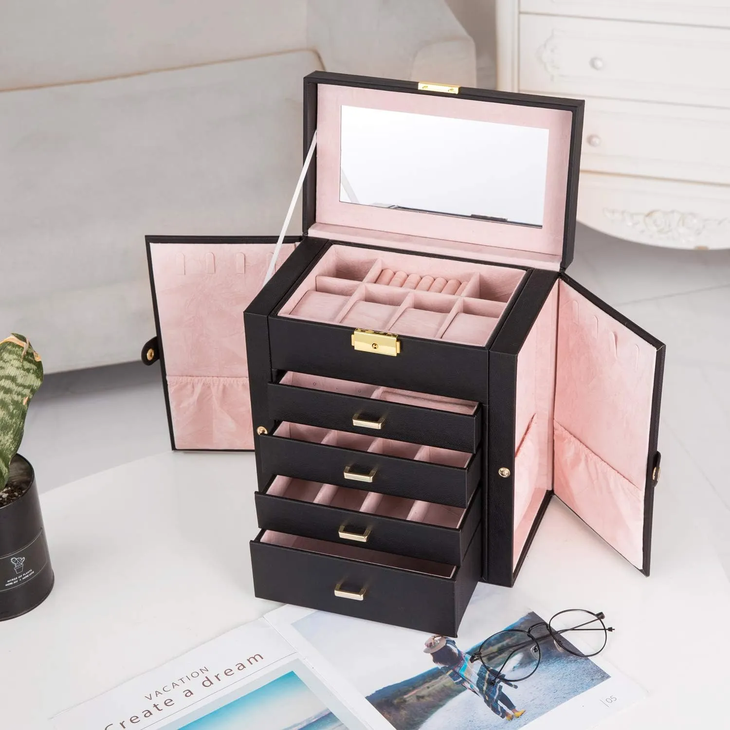 Large Jewelry Box,Synthetic Leather Jewelry Organizer,Multi-functional Storage Case with Mirror,Accessories Holder with Drawers for Earrings Necklace Bracelets Watches and Sunglasses for Women Girls (5-Tier, Black)
