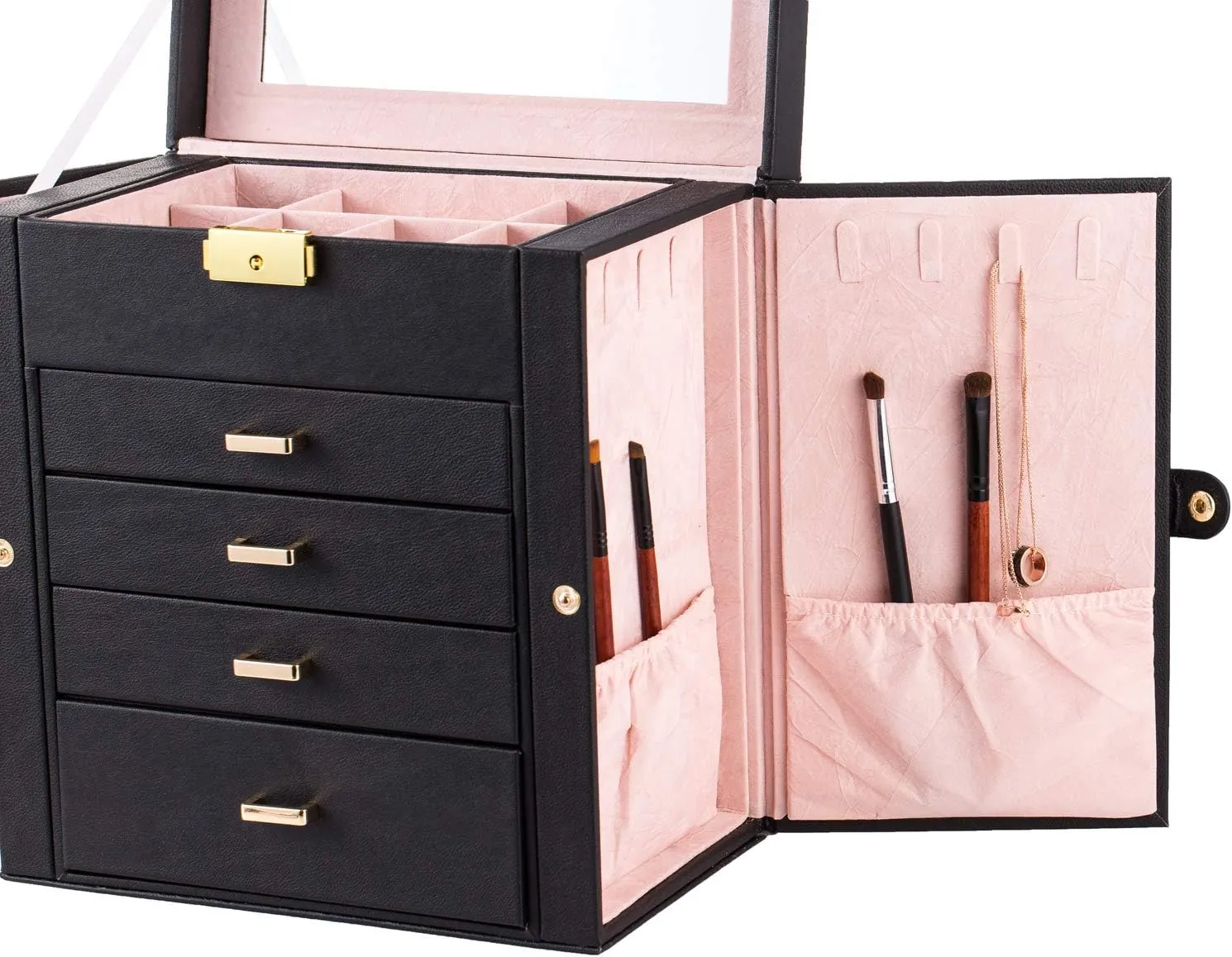 Large Jewelry Box,Synthetic Leather Jewelry Organizer,Multi-functional Storage Case with Mirror,Accessories Holder with Drawers for Earrings Necklace Bracelets Watches and Sunglasses for Women Girls (5-Tier, Black)