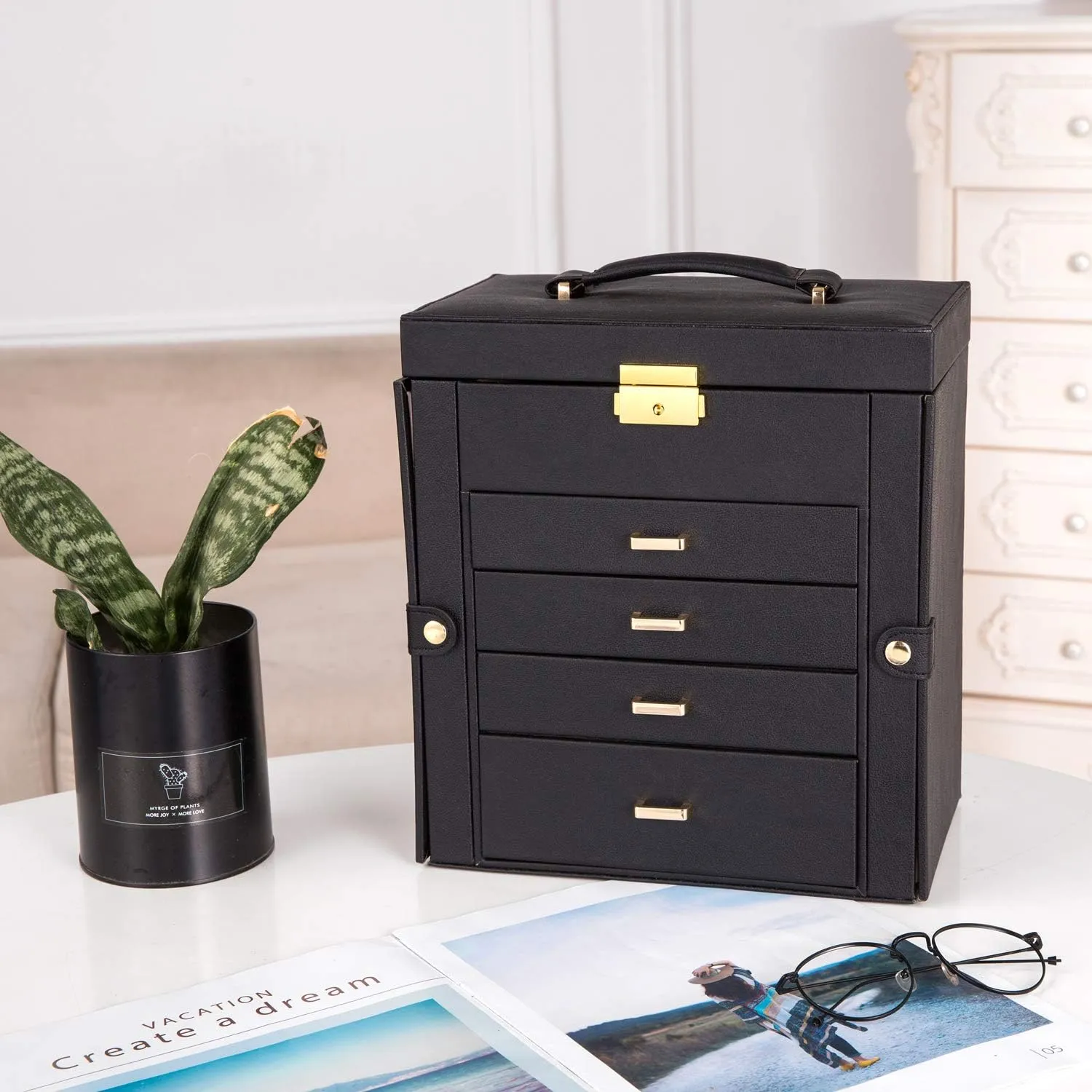 Large Jewelry Box,Synthetic Leather Jewelry Organizer,Multi-functional Storage Case with Mirror,Accessories Holder with Drawers for Earrings Necklace Bracelets Watches and Sunglasses for Women Girls (5-Tier, Black)