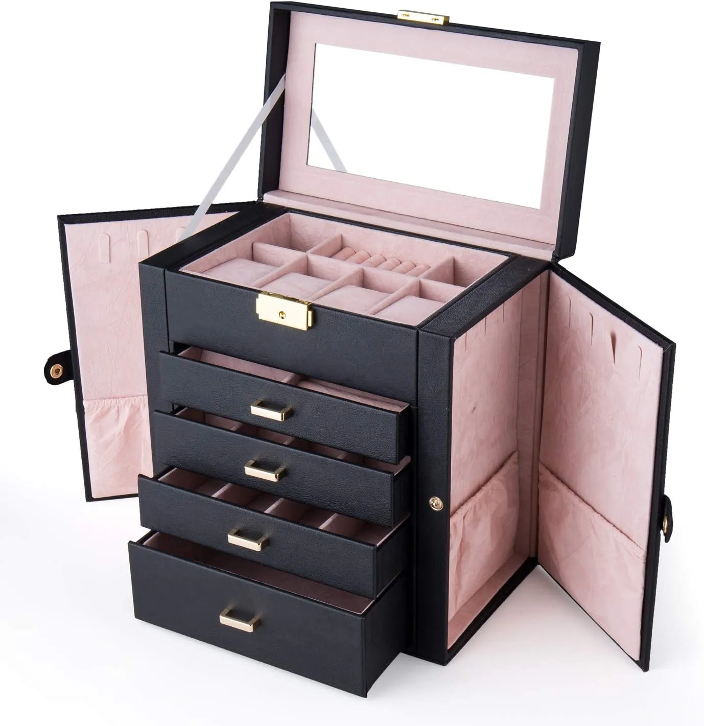 Large Jewelry Box,Synthetic Leather Jewelry Organizer,Multi-functional Storage Case with Mirror,Accessories Holder with Drawers for Earrings Necklace Bracelets Watches and Sunglasses for Women Girls (5-Tier, Black)