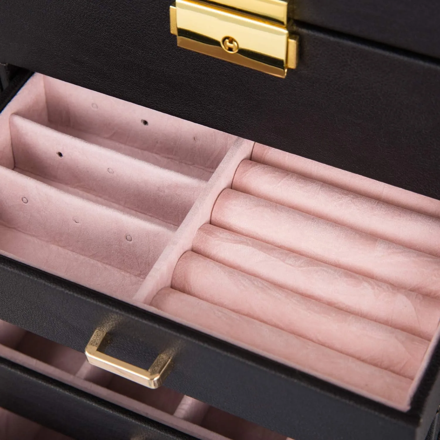 Large Jewelry Box,Synthetic Leather Jewelry Organizer,Multi-functional Storage Case with Mirror,Accessories Holder with Drawers for Earrings Necklace Bracelets Watches and Sunglasses for Women Girls (5-Tier, Black)