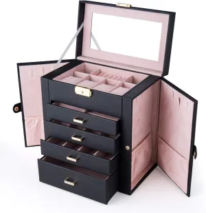 Large Jewelry Box,Synthetic Leather Jewelry Organizer,Multi-functional Storage Case with Mirror,Accessories Holder with Drawers for Earrings Necklace Bracelets Watches and Sunglasses for Women Girls (5-Tier, Black)